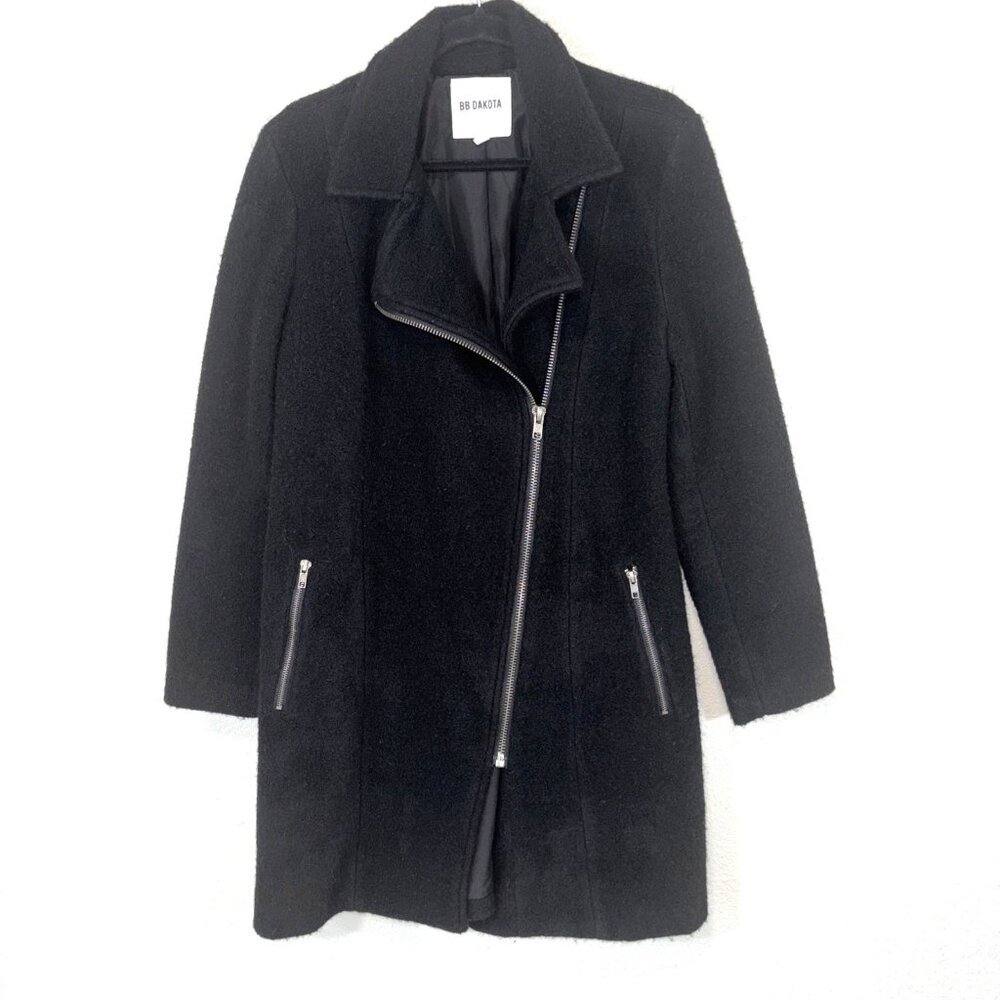 BB Dakota Women's M Wool Blend Coat Black Zip Closure Zip Pockets Band Collar